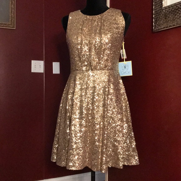 CeCe- Gold Sequin Blouson Metallic Dress Size 2 - Picture 2 of 7